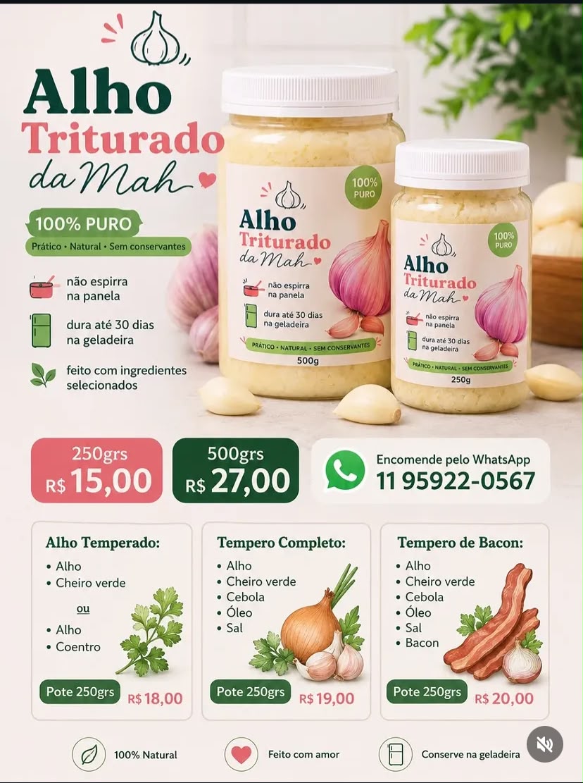 Potes de 500g e 250g do Alho Triturado da Mah